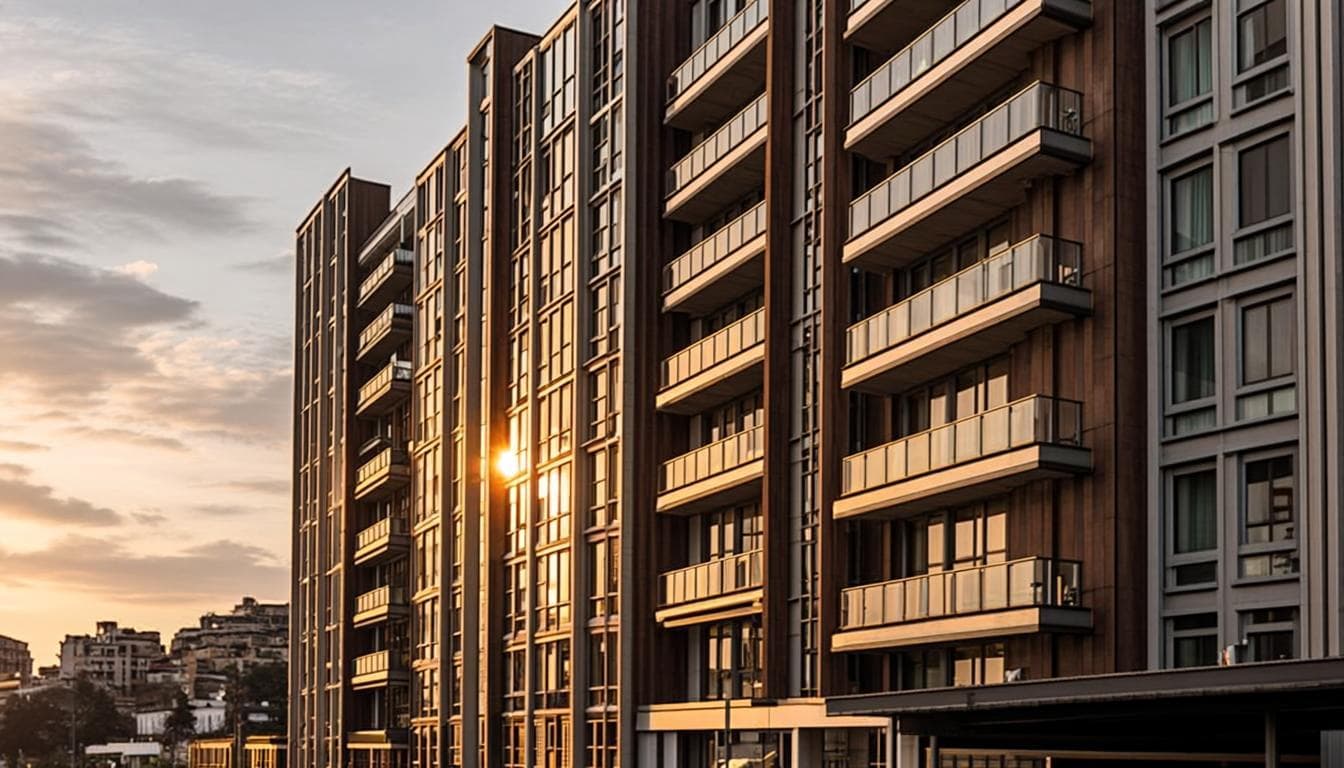 Edificios de departamentos modernos en Chile al atardecer